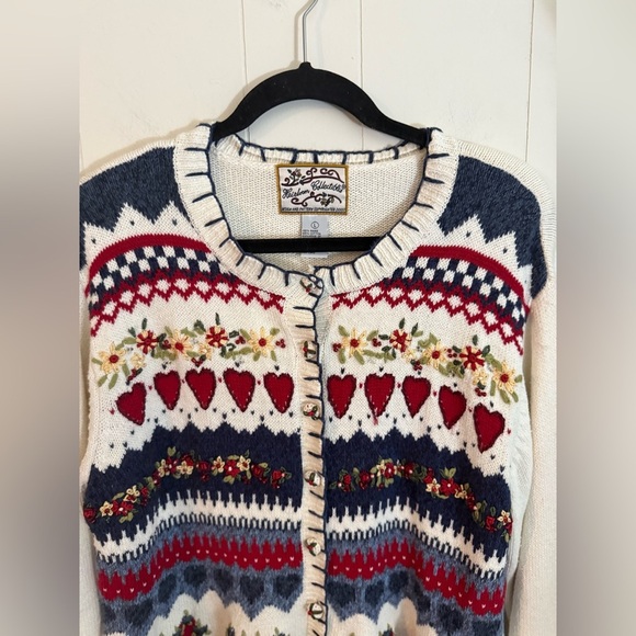 Women Knitted Cardigan Sweater Large Red Hearts Heirloom Collectibles Vintage - Picture 2 of 8